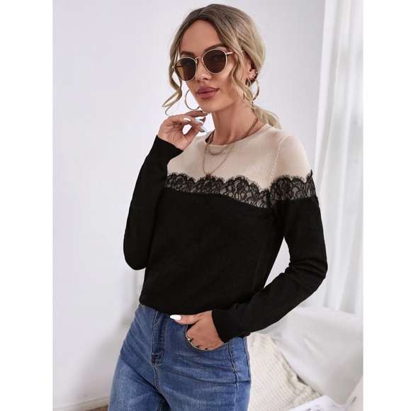 Lace Detail Black Beige Crew Neck Knit Long Sleeve Sweater Pullover - Picture 2 of 7